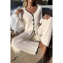 Merry See Özel Örme Kumaş Düğmeli Uzun Kollu Pijama Takımı Beyaz