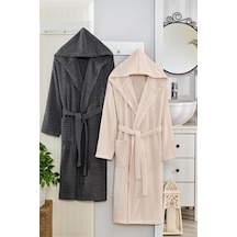 Doğa Antrasit Bej Kapşonlu Çift Bornoz Antrasit Bej