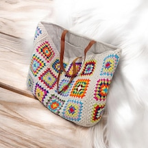 Embahandmde Renkli El Örgüsü Xl Plaj Çantası Astarlı Büyük Boho Tote Bag Yazlık Kadın Omuz Çantası Açık Bej