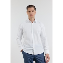 İmza Beyaz Kendinden Desenli Sert Yaka Uzun Kol Cepsiz Slim Fit Pamuklu Gömlek 1004255283