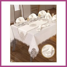 Gees Global Elegant Linen Krem-gümüş 12 Kişilik 26 Parça 160 260 Cm Runner Premium Sofra Masa Takımı Gbzs Krem - Gümüş