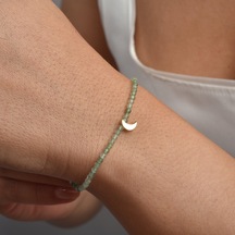 14 Ayar Altın Kaplama Doğal Yeşil Florit Taşlı 2.5 Mm Faset Kesim Ay Detaylı Gümüş Bileklik