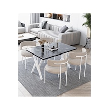 Avvio Beyaz Teddy Sandalye 80x120 Yemek Masası Mutfak Masası 4 Kişilik Masa Sandalye Takımı Siyah Mermer Model