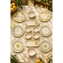 Yeşil Limon 14 Parça 6 Kişilik Handmade Stackable Seramik Tabak Seti Premium Sunum & Kahvaltı Takımı Beyaz