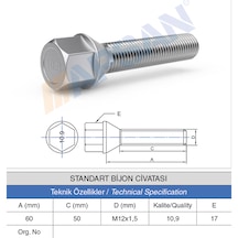 20 Adet Standart Bijon Civatası 50mm M12X1.5 DİŞ