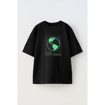 Thewert Unisex Earth Mostly Harmless Tasarım Baskılı Pamuk Sıyah Oversize T-shirt Siyah