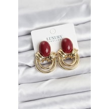 Pirinç Gold Renk Bordo Taşlı Vintage Kadın Küpe Çok Renkli