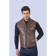 Hakim Yaka Gerçek Deri Yelek Kahverengi