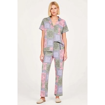 Benerly Kadın Büyük Beden Etnik Desenli Gömlek Yaka Kısa Kollu Pijama Tak Çok renkli