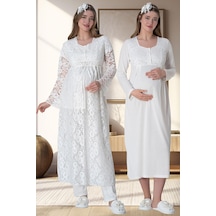 Mecit Pijama Mecit 6060 Ekru Dantel Sabahlıklı Gecelik Pijama Lohusa Set