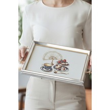 Gümüş Çerçeveli Çay Ve Tatlı Temalı Lüks Dikdörtgen Cam Tepsi - 44x30 Cm Diğer
