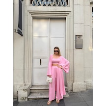 Bonacosa Kadın Viskon 3 Lü Takım Kimono + Beli Lastikli Salaş Pantolon + Crop 8 Renk Pembe