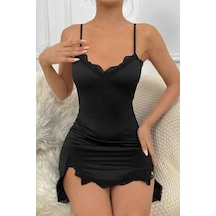 Merry See İki Taraf Yırtmaçlı Askılı Şık Gecelik Siyah