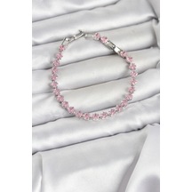 Pembe Kare Zirkon Taşlı Gümüş Renk Pirinç Su Yolu Kadın Bileklik Çok Renkli
