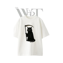Thewert Reaper Cat 1 Tasarım Baskılı Ünisex Beyaz Oversize T-shirt