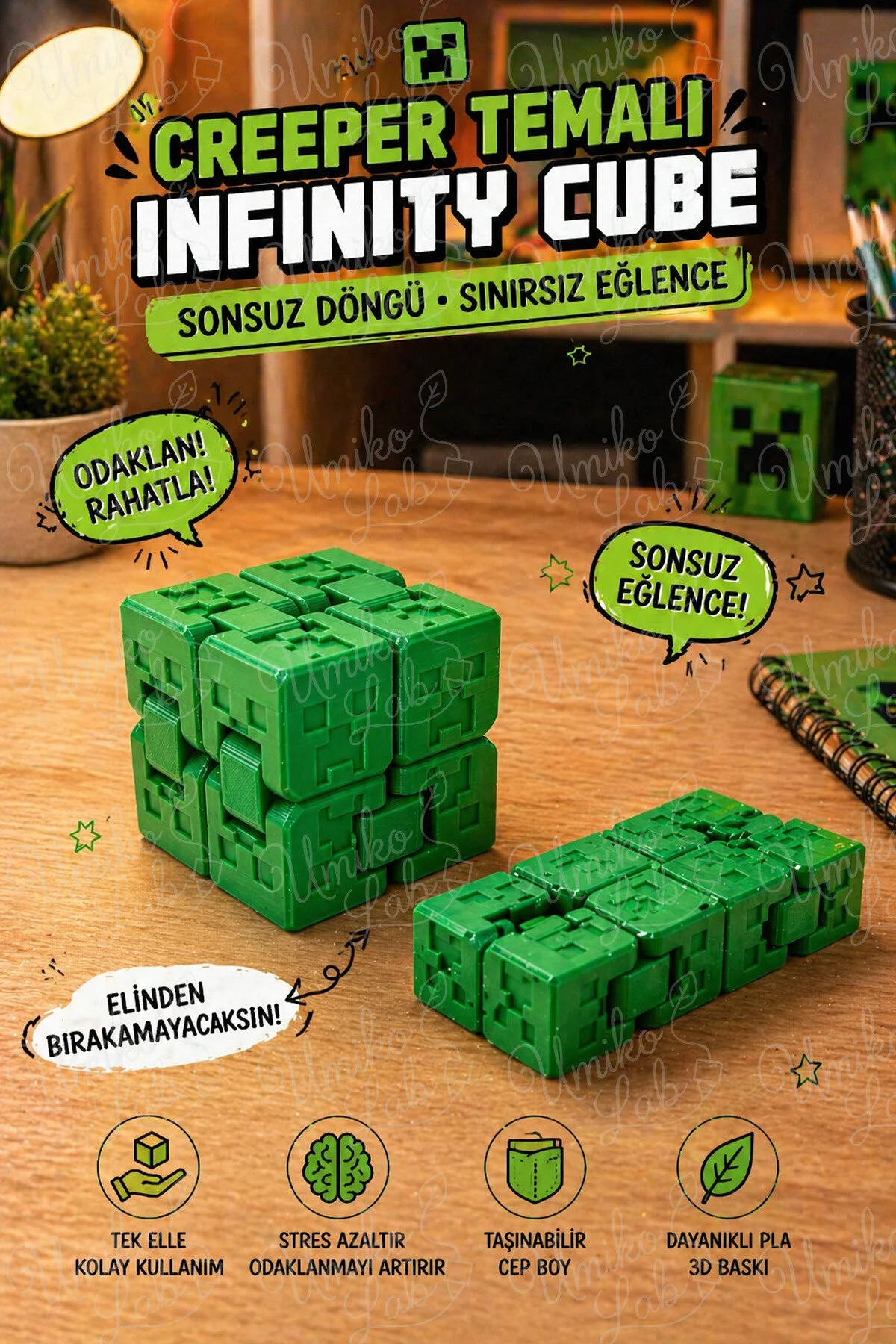 Creeper Temalı Infinity Cube Katlanabilir Fidget Küp Anti Stres Oyuncak 3d Baskı Akıcı Katlanan Model