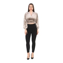 Lodmela Broş Detaylı Kadife Crop 6007-vizon Vizon