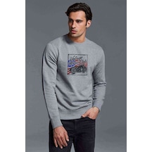 Vintage Motorcycle Baskılı Gri Erkek Örme Sweatshirt