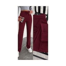 Gugus Kadın Bol Paça İçi Polarlı Fitilli Pantolon Içi Wide Leg Eşofman Altı Bordo Kırmızı