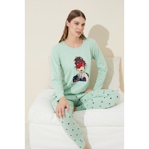 Siyah İnci Pamuklu Örme Pijama Takım 24240135 Yeşil