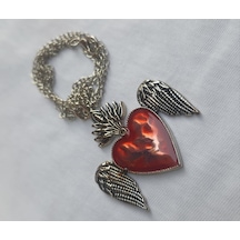 Kırmızı Mineli Feathers Heart Kolye Kahverengi - Taba