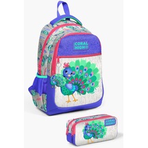 Coral High Kids Gümüş Lavanta Tavus Kuşu Desenli 2'li Okul Çanta Seti Set0223488