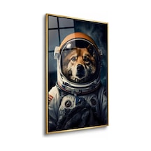 Astronot Giysili Köpek Gold Çerçeveli Cam Tablo