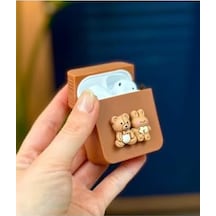 Airpods 1. Nesil Ve 2. Nesil İle Uyumlu Ayıcık Tasarımlı Kalın Silikon Kılıf - Brown