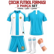 Yenteks İsim Yazılır Çocuk Futbol Forması Açık Turkuaz Özel Tasarım 4 Parça Forma+şort+çorap+bileklik