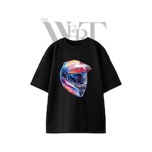 Thewert Motosiklet Kask Tasarım Baskılı Ünisex Siyah Oversize T-shirt