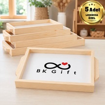 Logonuza Özel 5 Adet Doğal Çam Ahşap Tepsi 37,5x23,5 Cm Metal Baskı Alanlı