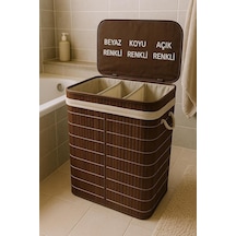 Lüks Bambu 3 Bölmeli Çamaşır Kirli Sepeti 52x32x60cm Büyük Boy 100 Lt Kahverengi
