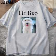 Flood Of Style Merhaba Bro Köpek Yavru T-shirt Tee Rahat Y2k Komik Meme Waitimgoated T Erkekler Kadın Gri