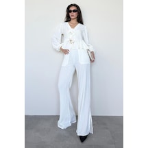 Madmext Ekru Önü Bağlamalı Bluz Pantolon Takımı Mg2343 Ekru
