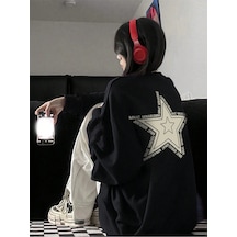 Star Pattern Drop Shoulder Oversized Pullover Siyah Siyah