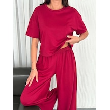 Freedom Storee Kadın Osy Modal Yumuşak Dokulu Kumaş Bisiklet Yaka T-shirt Bol Paça Pantolon İkili Takım -bordo Çok Renkli