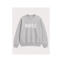Herkesemoda Baskı Detaylı Şardonlu 2 İplik Bisiklet Yaka Sweatshirt Gri