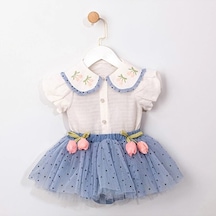 Ministok Eliza Yakası Nakışlı Şortlu Tütü Etekli Kız Bebek Takım Mavi