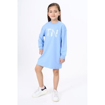 Toontoy Kız Çocuk Baskılı Relax Fit Bisiklet Yaka Uzun Kollu Elbise - Mavi