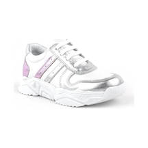 Hakiki Deri Gümüş Pembe Kalın Tabanlı Kız Çocuk Sneakers Ayakkabı Gümüş