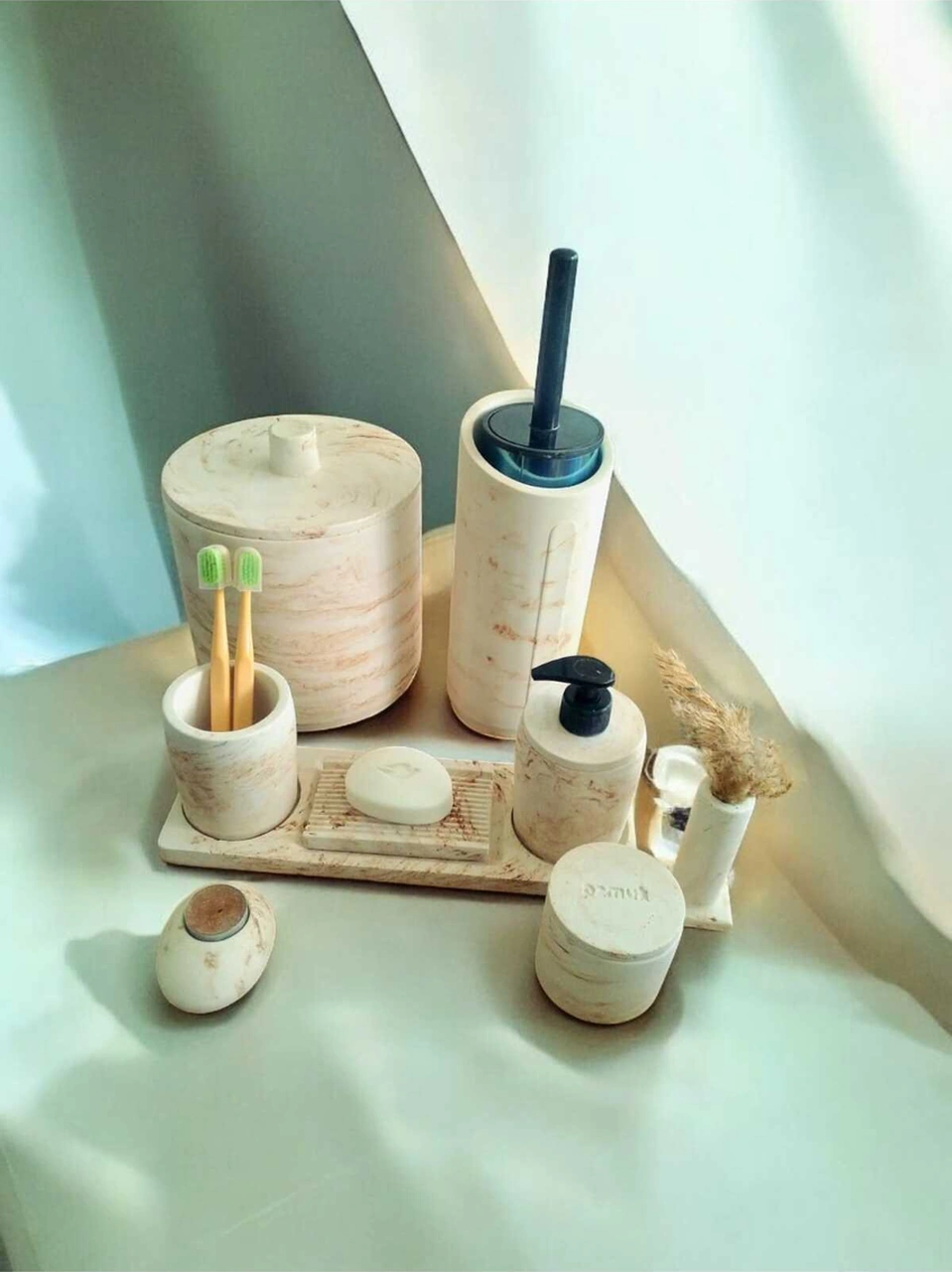 Mermer Desen Tam Beton Banyo Seti Tuvalet Wc Sıvı Sabunluk Diş Fırçalığı Aksesuar Takım Bej