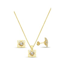 18k Altın Kaplamalı Zirkon Taşlı 925 Ayar Gümüş Set - 67018003 Altın