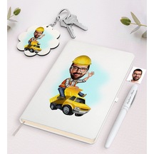 Kişiye Özel Erkek Yol Mühendisi Karikatürlü Beyaz Defter Kalem Ve