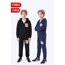 Panios Kids 3 İplik Baskılı Erkek Çocuk Fermuarlı Kapüşonlu 2'li Eşofman Takımı 4 Parça Lacivert - Siyah