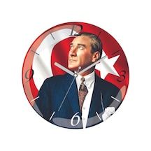 Atatürk Arkada Bayrak Çap 30cm Sessiz Akar Bombeli Gerçek Cam Duvar Saati Siyah