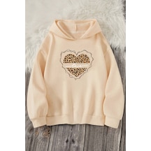 Uyguntarz Kalp Baskılı Erkek - Kız Çocuk Rahat Kalıp Sweatshirt Bej