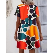 Kadın Yaz Baskılı Yuvarlak Yaka Kısa Kollu Günlük Elbiseler Koyu Yeşil