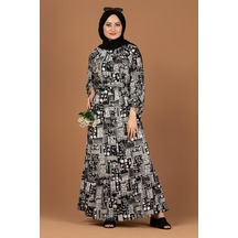 Beli Kuşaklı Etnik Desenli Elbise-siyah-2237 - Kadın