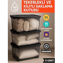 60 Lt Tekerlekli Kilitli Saklama Kutusu 3'lü Set Kapaklı Şeffaf Bpa İçermez Üst Üste İstiflenebilir Siyah Diğer