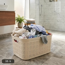 35 Lt Örgü Desenli Plastik Çamaşır Sepeti, Krem Rengi Temiz Çamaşır Selesi, Kulplu Büyük Boy Banyo Ve Çamaşır Odası Düzenleyici Kirli Ve Temiz Çamaşır Sepeti Krem Çok Renkli